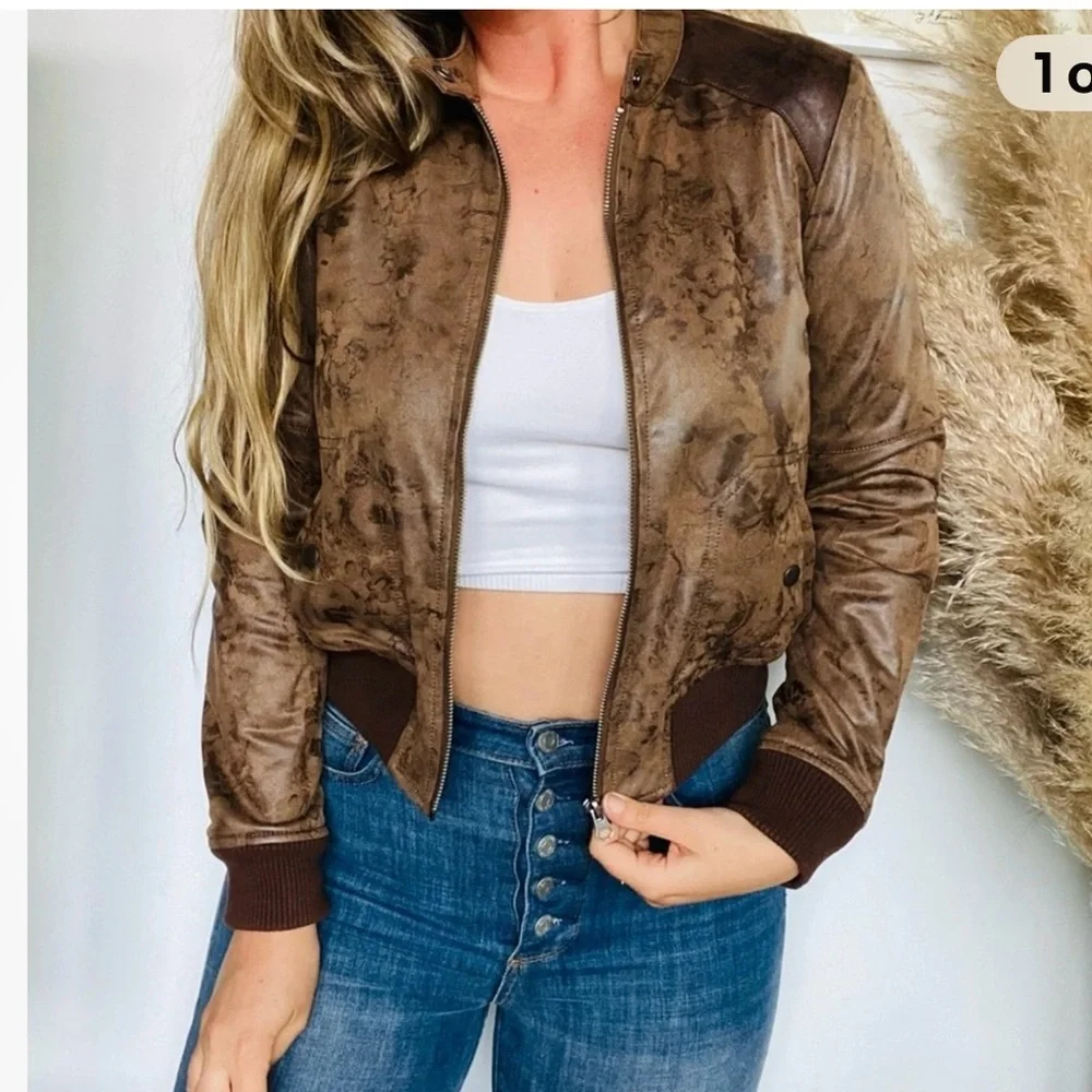 Anthro Hei-Hei Vegan leather Rockaway Brown Bomber Jacket small